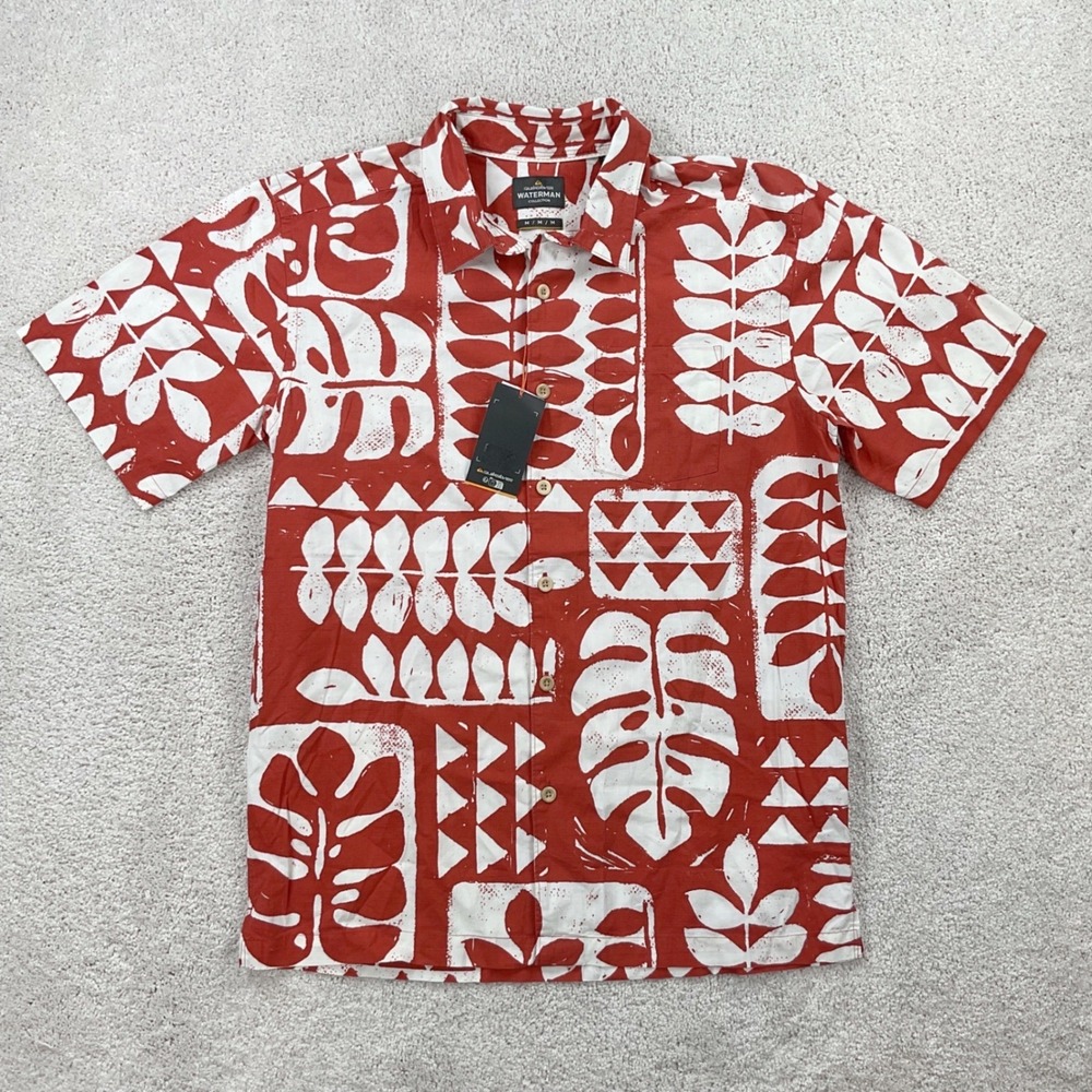 Quiksilver Waterman Collection Mens Medium Red White Tropical Button Down Shirt